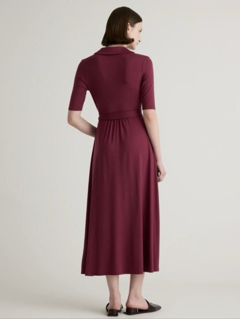 QUINCE Tencel Jersey Midi Wrap Dress Asymmetrical Hem Stretch Lyocell Wine M NWT - Picture 6 of 11